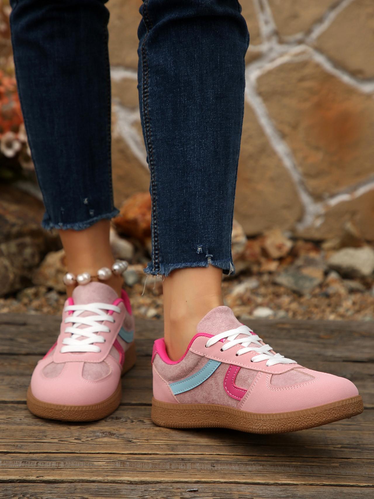 2.5cm Platform Color Block Retro Sneakers, Black & Pink, Vintage Casual Trainers