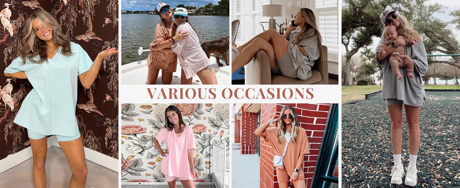 SCUSTY Women's Two Piece set Oversized V Neck T Shirt Biker Short Summer Outfits Hot Shot Reversible Sets