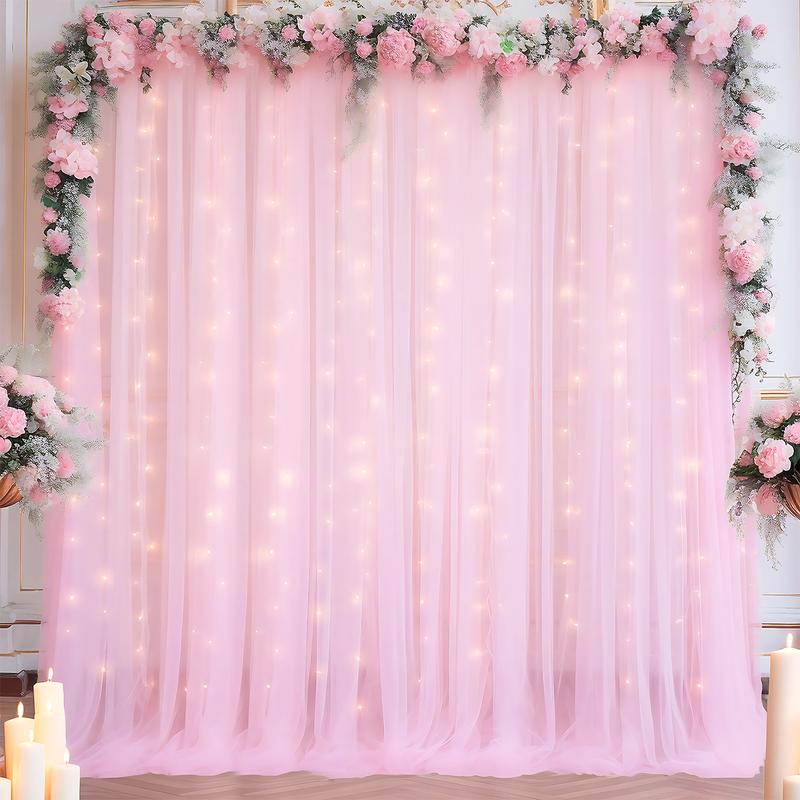 1set 9.84ft x 7.05ft White Sky Blue Pink Green Purple Champagne Sheer Backdrop Curtains with Lights for Baby Shower Wedding Bridal Shower Happy Birthday Party Decor Photobooth Props Holiday Festival Decor Home Decorative Hanging Ornaments