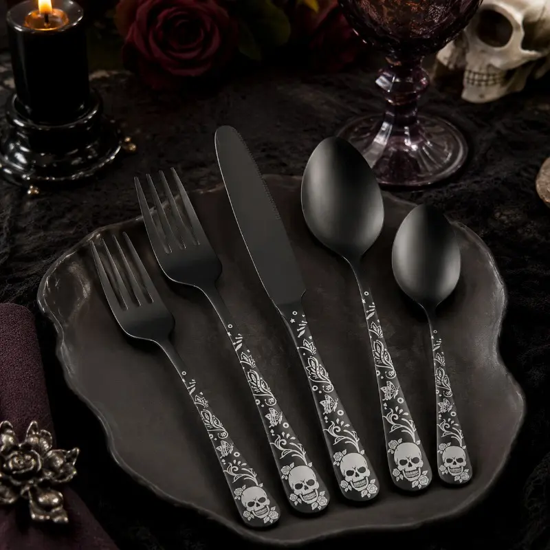 Gothic Holiday Gift Box Tableware Set 20Pcs Skull Print Silver Utensils 4 Person Dinner Cutlery Gift Pack for Party Present