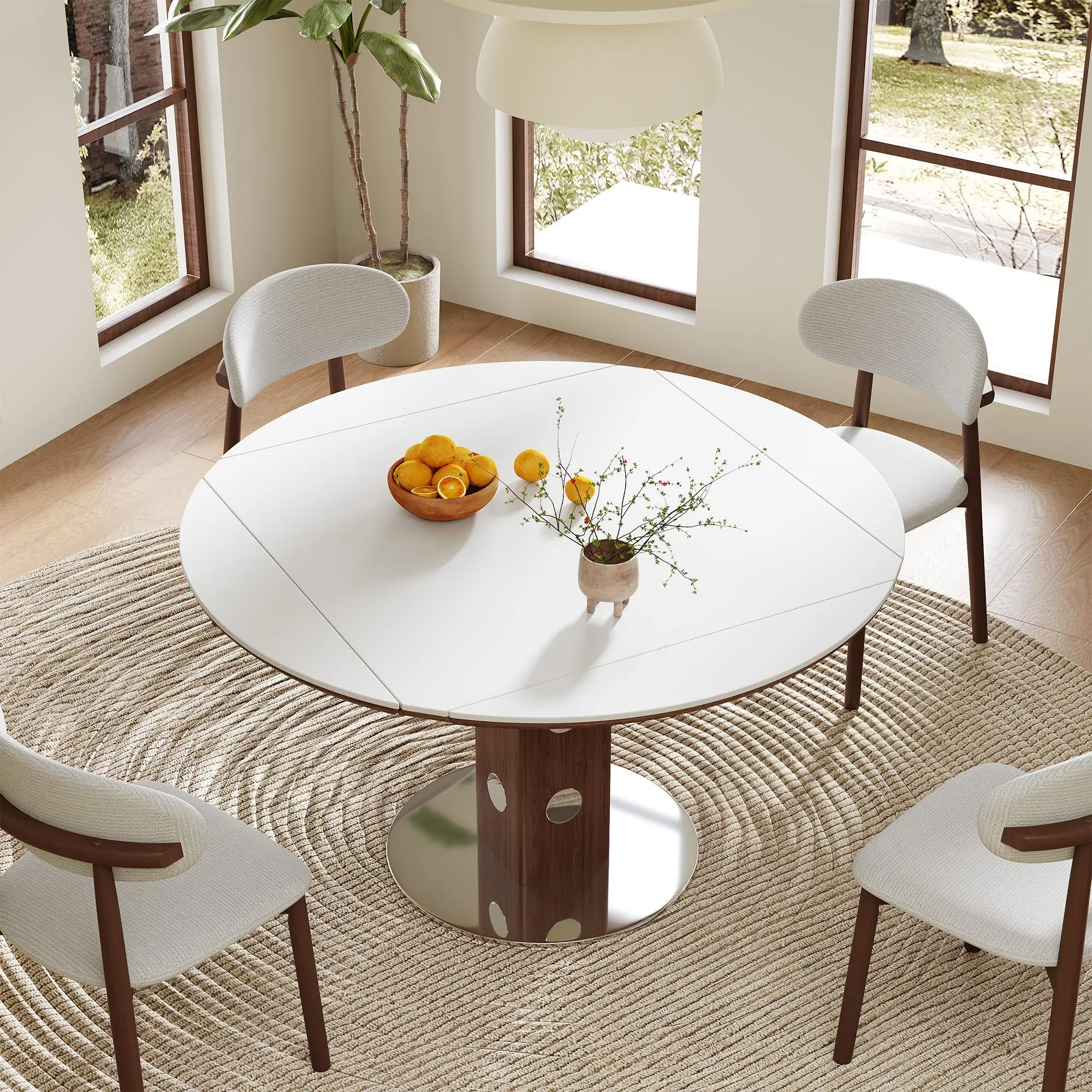 47.2" Extendable Round Dining Table for 4-6, Drop Leaf Folding Kitchen Table, White Sintered Stone Top, Walnut Wood Pedestal, Space-Saving