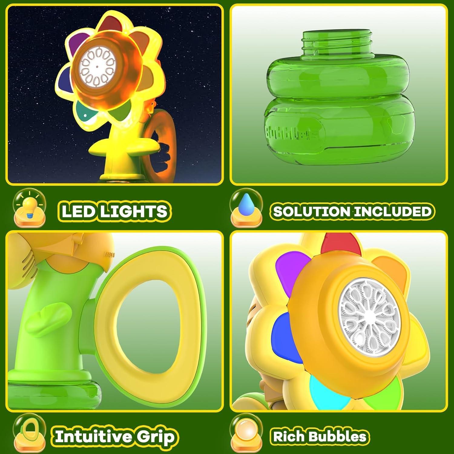 Seven Color Flower Bubble Machine, Electric Automatic Handheld Light Swinging Bubble Blower, Sunflower Bubble Maker, Includes 80ML Bubble Solution