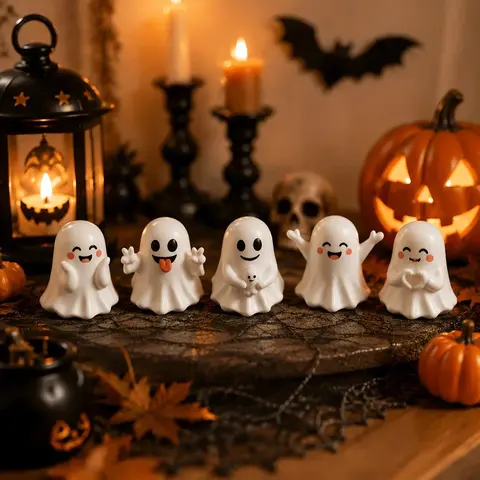 (Five random pieces) Halloween Ghost Figurine Set, Cute Mini Ghost Tabletop Decorations, Spooky Fall Home Decor, Vintage-Inspired Seasonal Ornaments for Desk, Shelf, Mantel, Halloween Parties and Cozy Indoor Spaces