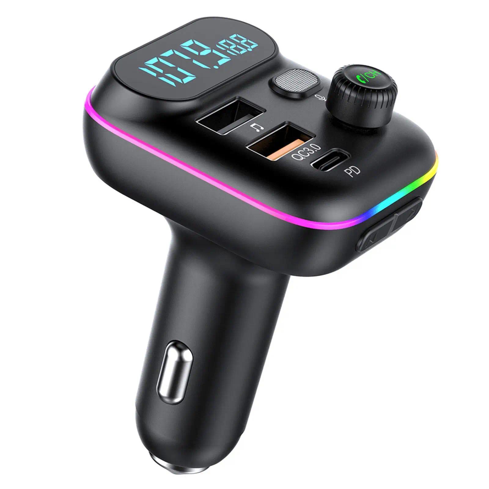 Bluetooth Car Adapter, In-Car FM Transmitter with Bluetooth 5.0, 18W PD Fast Charging, QC3.0, USB + PD Ports, Type-C, Colorful Ambient Light, Dual Music Player, Bluetooth Calling, Cigarette Lighter Accessory with Easy Setup