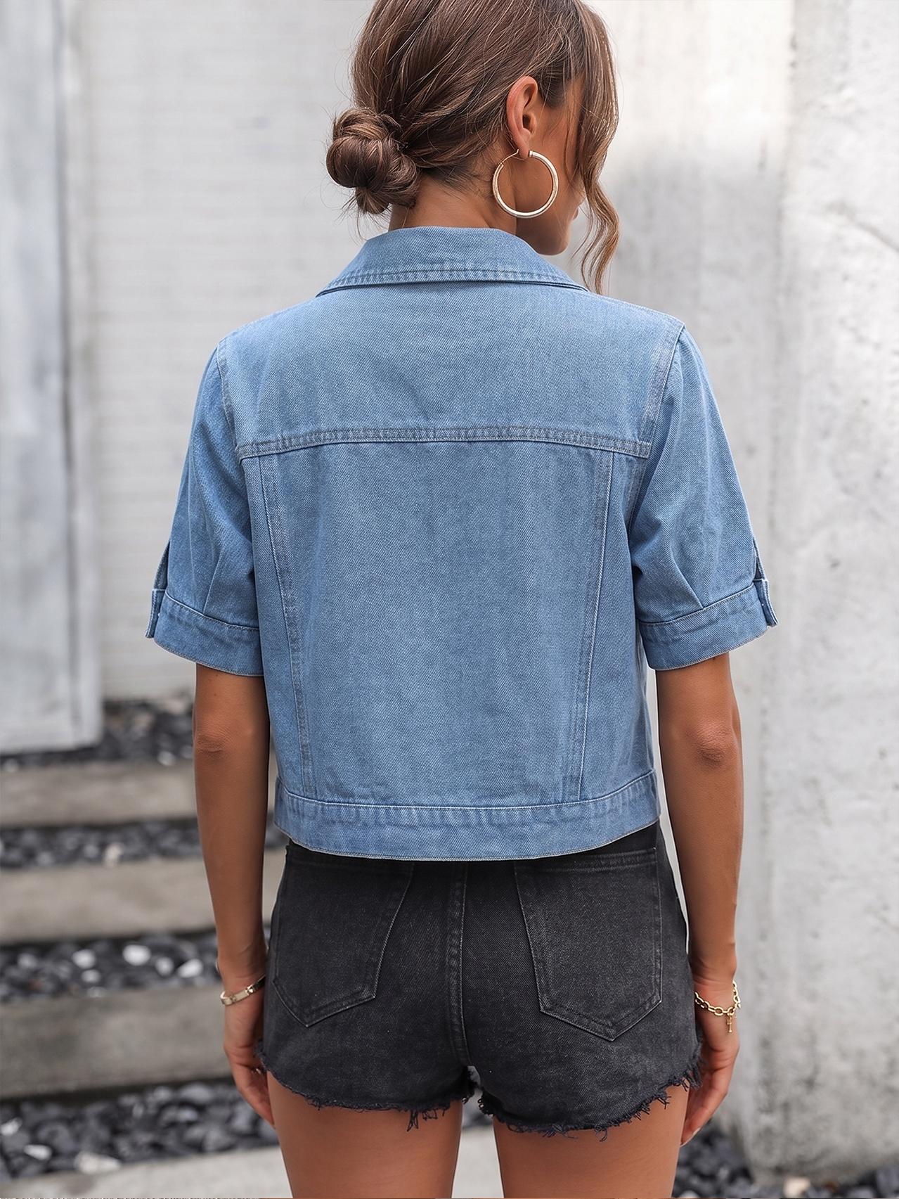 Women's Classic Short Sleeve Denim Jacket, Casual Single Button Short Denim Collar Top, Summer Outerwear, Loose-Fitting Women's Classic Short Sleeve Denim Jacket, Casual Single Button Short Denim Collar Top, Summer Outerwear, Loose-Fitting