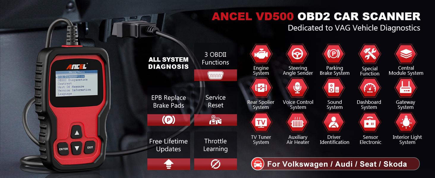 ANCEL VD500 OBD II DiagnosticScanner for Volkswagen VW AudiSkoda Seat Diagnosis Check EngineLight EPB ABS SRS Code Reader OilThrottle Position Adaption Brake PadReset Tool