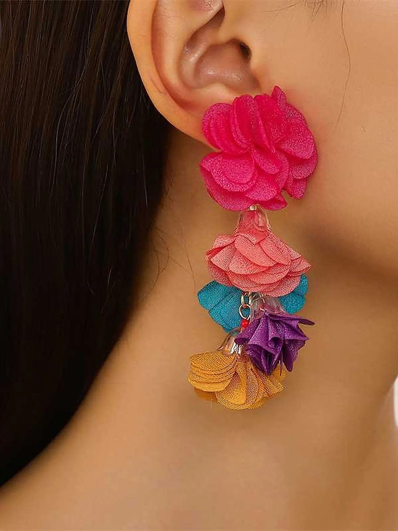 Dopamine Colorful Flower Fringe Earrings, Vacation Style Fabric Ear Jewelry, Trendy Accessory for Women, Perfect for Parties and Events