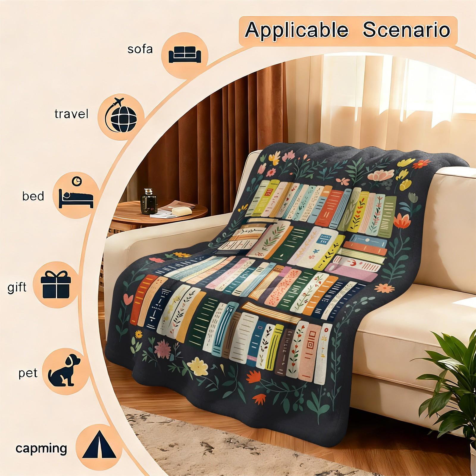 Bookish Floral Bookshelf Print Flannel Blanket, Aesthetic Botanical Warm Throw Blanket, Soft Cozy Nap Gift Blanket, Lightweight Decor Blanket for Couch Bed, All-Purpose Perfect Gift for Family and Friends