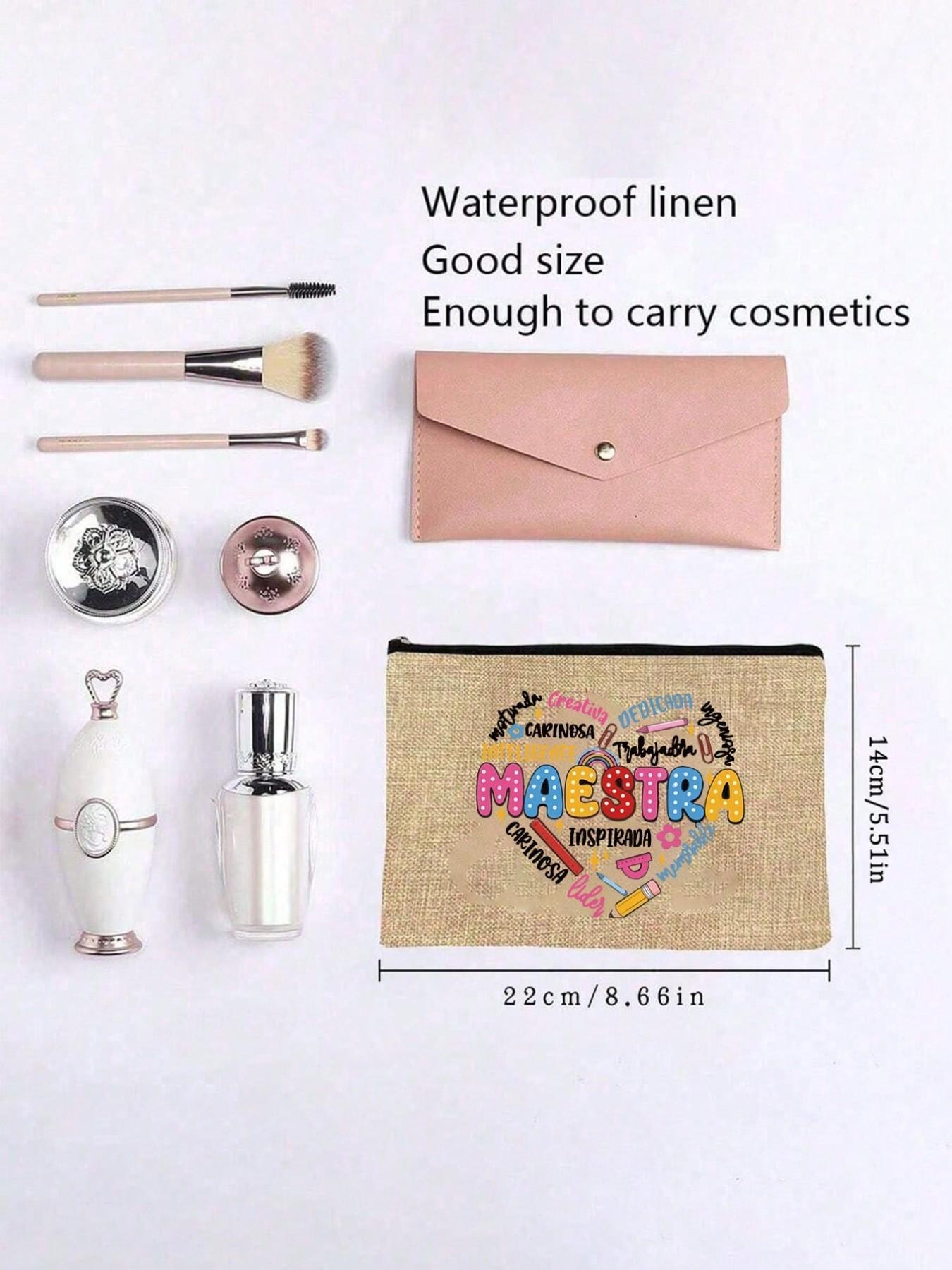 Maestra Theme Tote Bag and Makeup Pouch Set, Large Capacity Linen Shopping Bag, Heart Pattern, Cosmetic Organizer, Casual All-Season Style