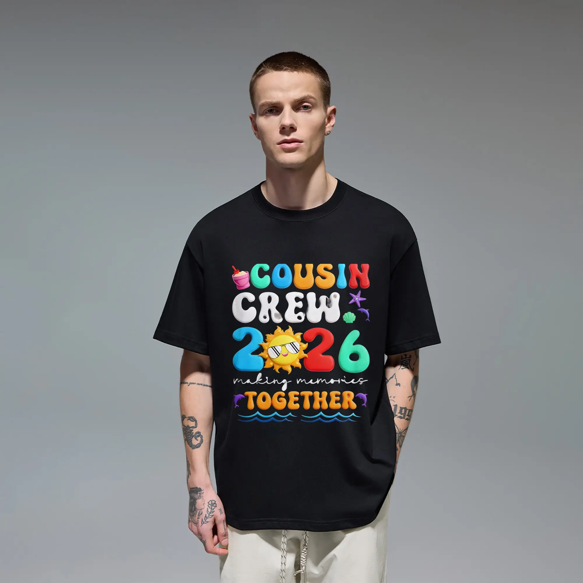 Cousin Crew 2026 Making Memories Together Family Vacation Matching Original Oversized Cotton Graphic Tee T-Shirt for Men Gift Cutting Ideas Kids Toddler Boys Girls Cousin Squad Reunion Summer Beach Trip Vibe Colorful 3D Bubble Casual Everyday Wear