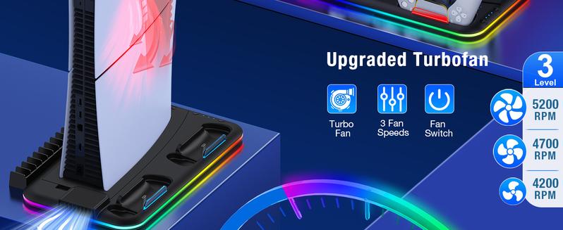 PS5 Slim Stand and Turbo Cooling Station with Controller Charging Station for Playsation 5, PS5 Accessories Kits Incl. 3 Levels Cooling Fan, LED LIGHT , 15 Game Slot, Headset Holder for PS5 Digital/Disc