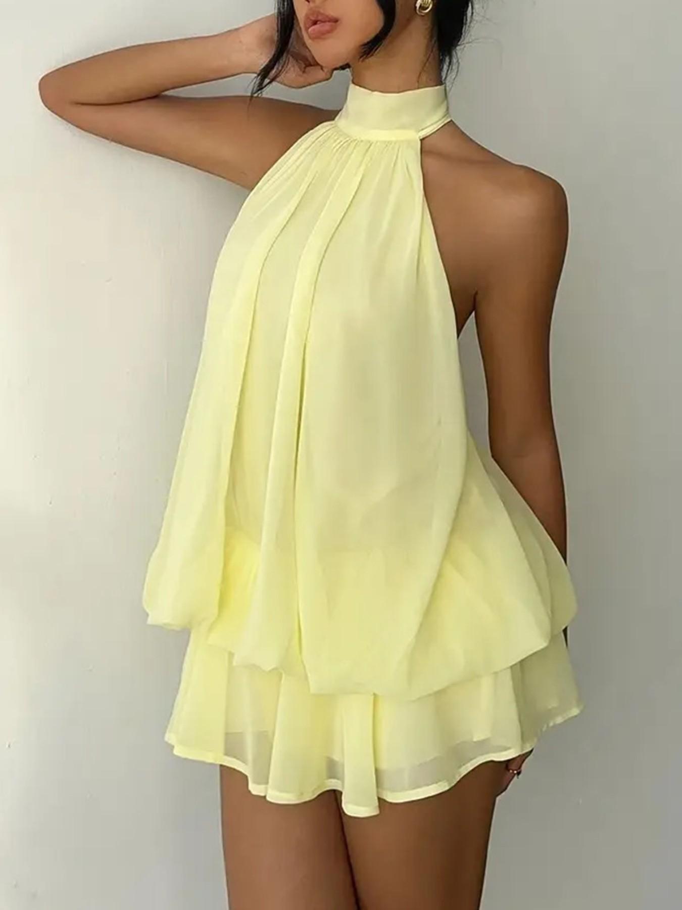 Women's Summer Casual Fashion Halter Tie Back Mini Dress, Slim-Fitting Elegant Sleeveless Dress for Party & Daily Wear