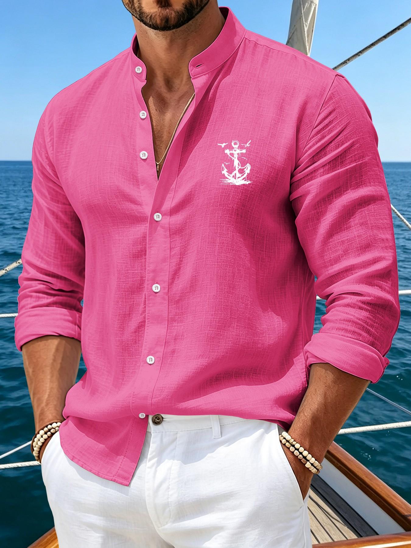 Men's Fashion Business Casual Long Sleeve Shirt with Anchor Print and Faux Linen Look, Slim Fit for Autumn and Spring Office Wear, Versatile Daily Attire