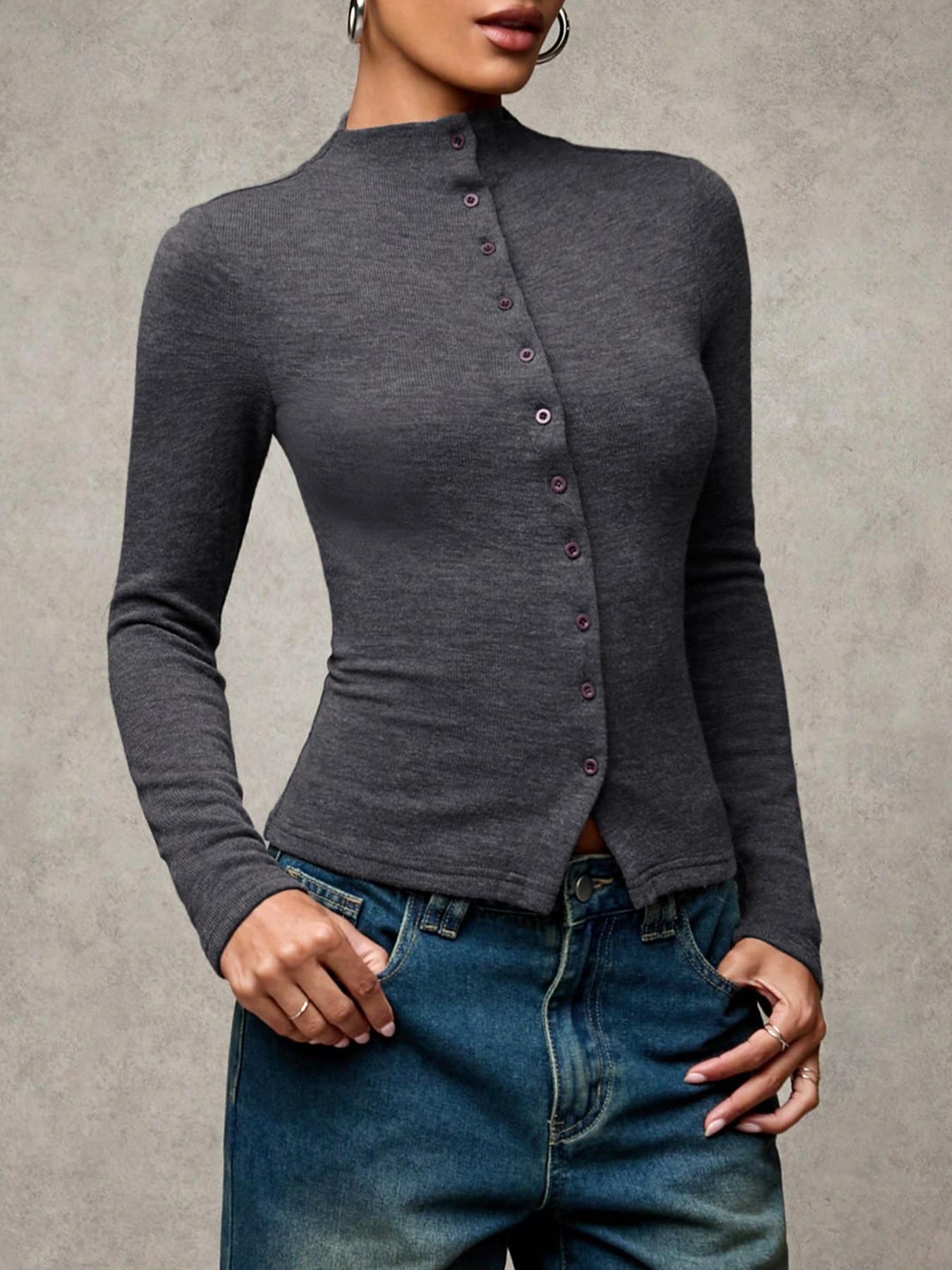 Women's Spring & Fall Casual Slim-Fit Plain Shirt Collar Long Sleeve Single-Breasted Top Blouse, Comfortable Daily Wear for Women