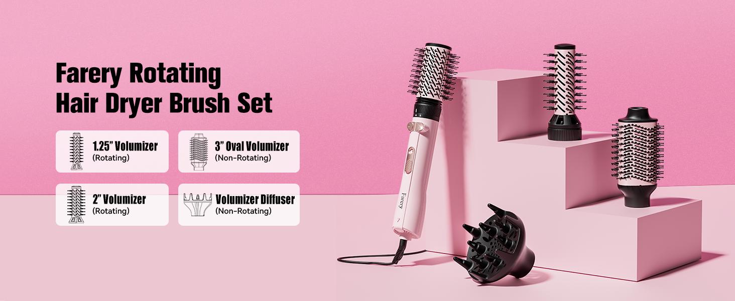 Farery 4-in-1 Rotating Hair Dryer Brush Set with Interchangeable 1.25" & 2" Rotatable Brushes, Oval Volumizer, and Diffuser