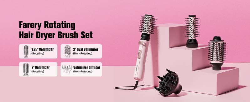 Farery 4-in-1 Rotating Hair Dryer Brush Set with Interchangeable 1.25" & 2" Rotatable Brushes, Oval Volumizer, and Diffuser - Dual Bristles for One Step Styling