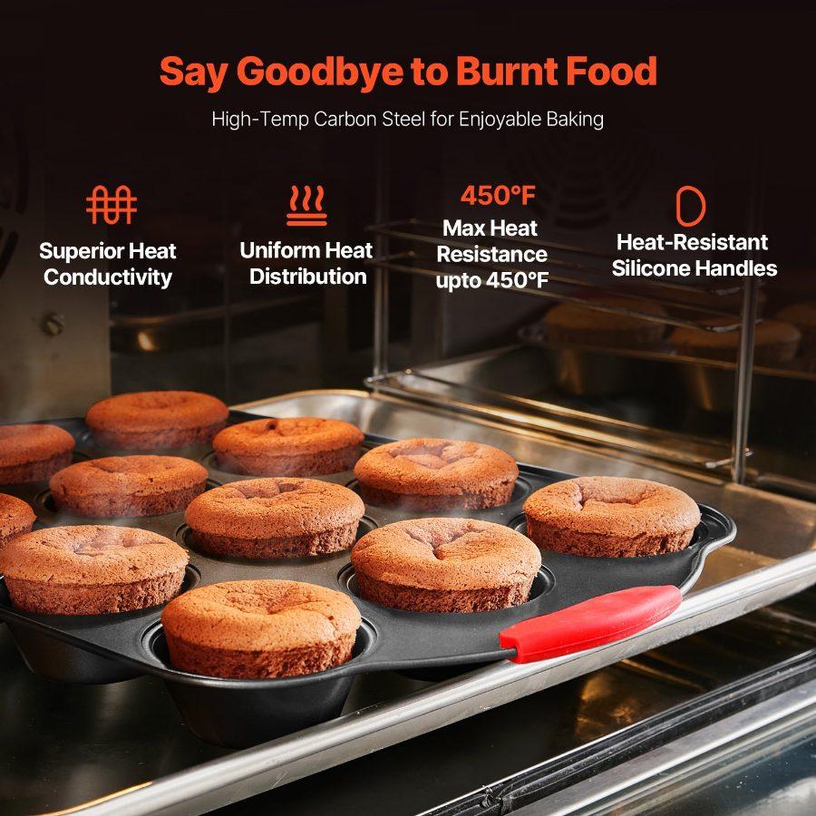 VEVOR Baking Pans Set, 6-Piece, Nonstick Carbon Steel Cookware Sheets Trays, Stackable Kitchen Oven Bakeware Cooking Sets with Silicone Handles, Easy to Clean, for Baking Cookie Cake Muffin Bread