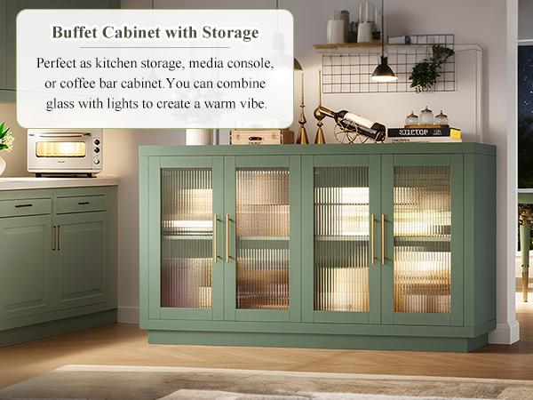 FOTOSOK Buffet Cabinet with Storage, 55.1" Large Sideboard with 4 Glass Doors, Kitchen Cabinet Buffet Table, Wood Coffee Bar Display Cabinet