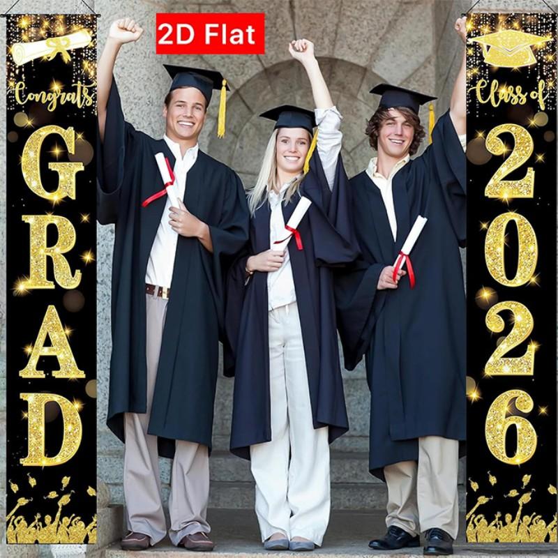 2D Flat Banner Door Sign 1 Pair, 2026 Graduation Porch Banner, Outdoor Gold Sparkle, Weatherproof Graduate Welcome Sign, High School Party Supplies