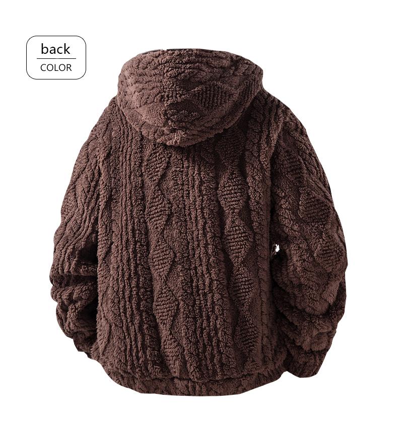 Men's Warm  relaxed fit outer Jacquard Fabric Loose-Fit Full-Zip Hoodie Jacket - Plush Texture Plain Hooded Outer Coat with Decorative Zipper Pull, Kangaroo Pockets, for Outdoor Indoor, Urban Commute, Menswear Tops