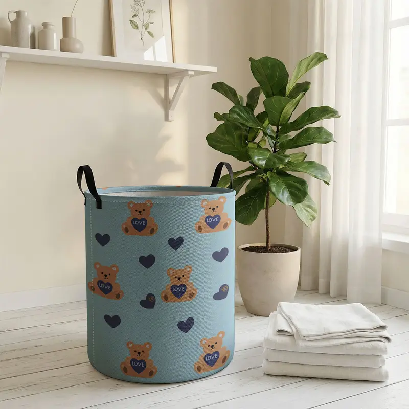 Valentine's Day Toy Bear Print with Handle, Durable Halloween Foldable Dirty Clothes Storage Bin, Large Capacity, Collapsible Laundry Hamper