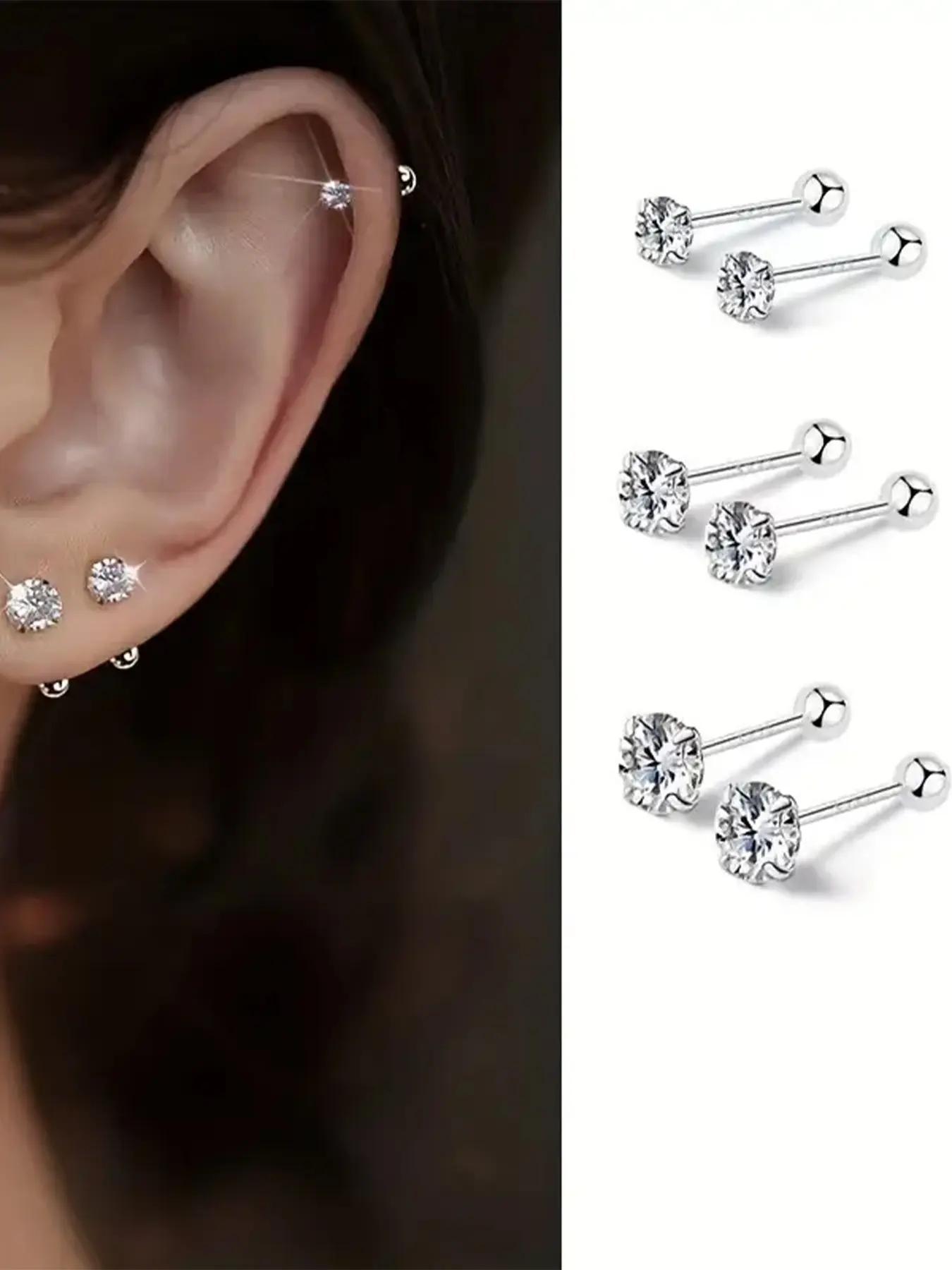 Stainless Steel Cartilage Earrings Set with Sparkling Zirconia, Minimalist Jewelry for All Seasons, Casual Style Ear Accessories