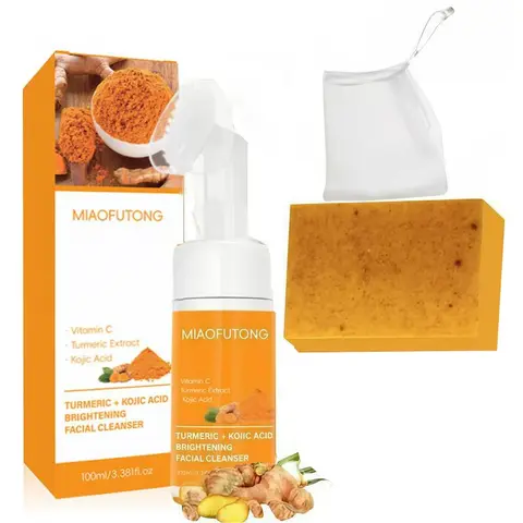Turmeric Cleansing Mousse & Soap Set, Cleansing Duo, 1 Count Turmeric Facial Wash & 1 Count Turmeric Soap, Facial Skin Care Product for Women & Men Cleanser Set