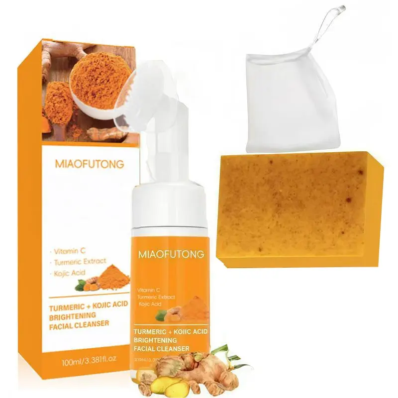 Turmeric Cleansing Mousse & Soap Set, Cleansing Duo, 1 Count Turmeric Facial Wash & 1 Count Turmeric Soap, Facial Skin Care Product for Women & Men Cleanser Set
