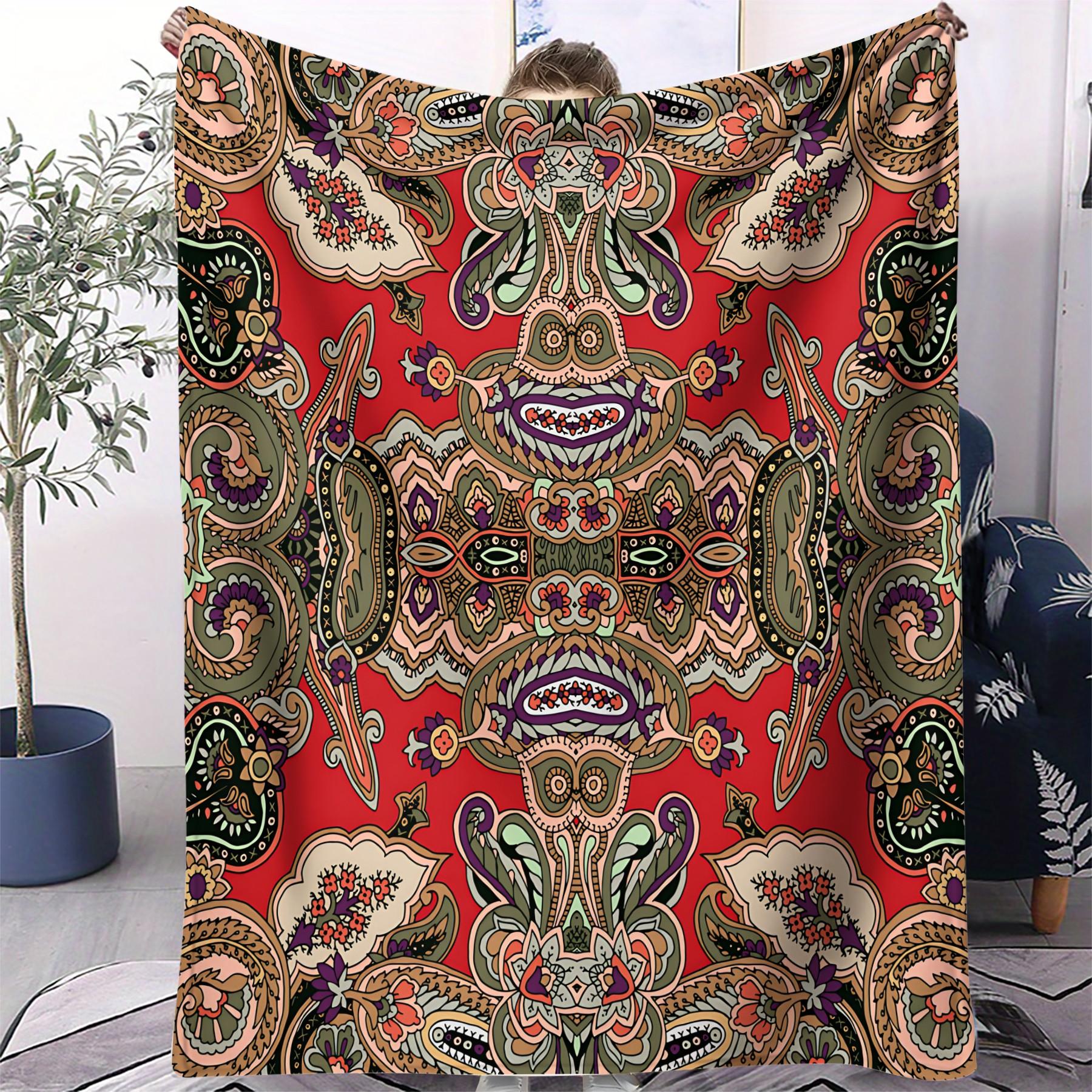 1Pcs Boho Paisley Digital Print Flannel Blanket, Vibrant Ethnic Style Throw Blanket, Ultra-Soft Cozy Warm Blanket, All-Season Decorative Gift Blanket, Perfect for Bedroom, Sofa, Couch, Camping, Travel, Dorm Decor
