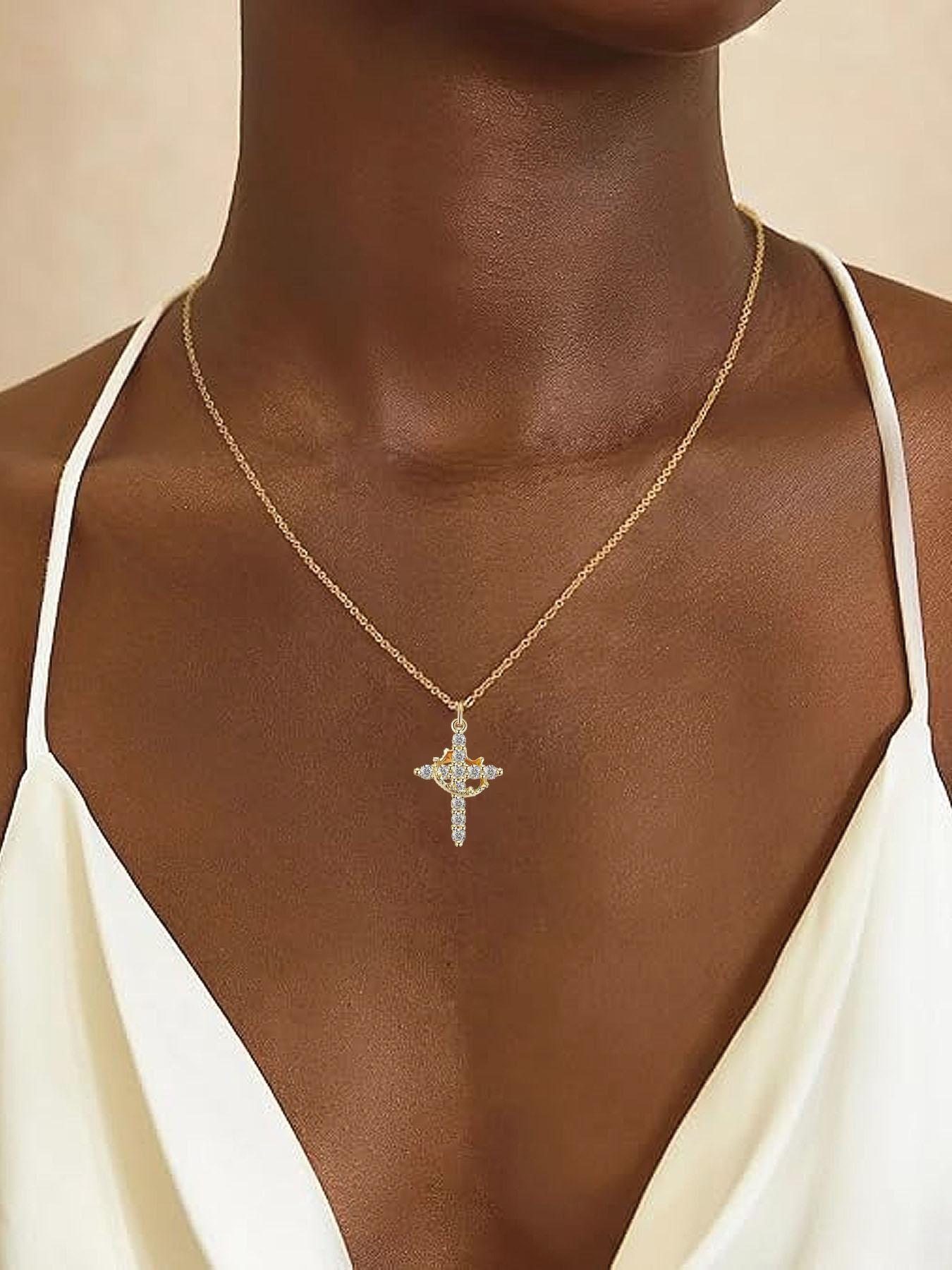 Elegant Rhinestone Cross Pendant Necklace, Fashionable Women's Jewelry, European Style Trendy Accessory, Versatile Lockbone Chain