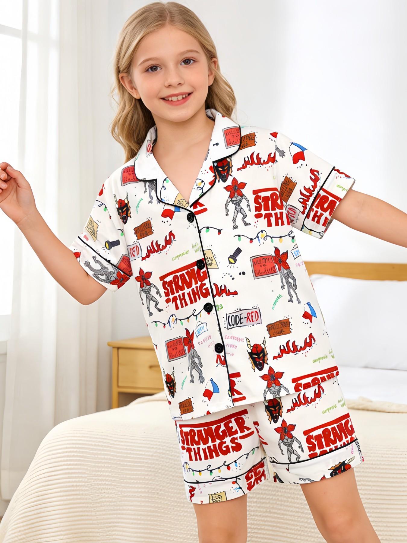 Kids Pajama Set, Cartoon Monster Pattern, Fashion Open Cardigan, Short Sleeve, Flame Retardant, All Seasons, Party Gift Set