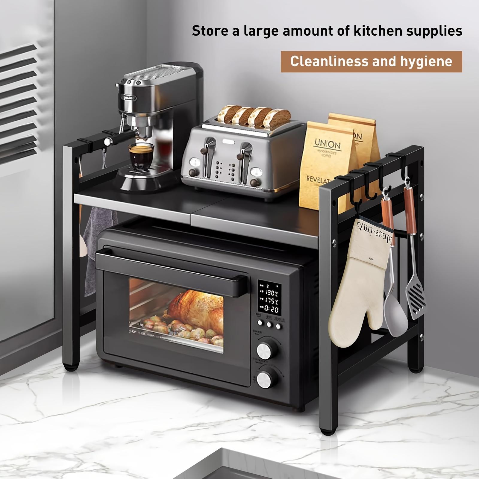 Expandable microwave rack with hooks, adjustable width to save space. Suitable for microwave ovens, ovens, coffee makers, etc. Easy to assemble, a must-have for the kitchen.