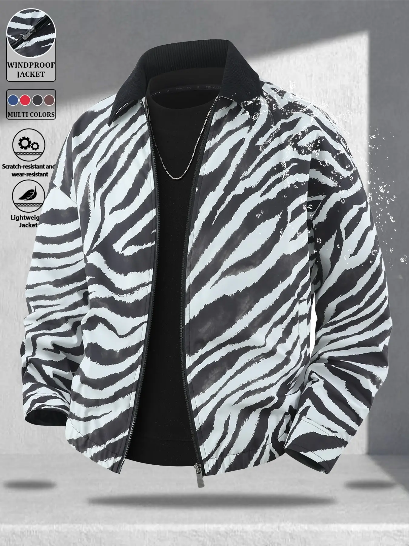 Men's Fashion Colorblock Zebra Print Windproof Jacket, Classic Lapel, Zipper Front, Side Pockets, Elastic Hem, Durable, Outdoor Wear, Collared Zipper Jacket