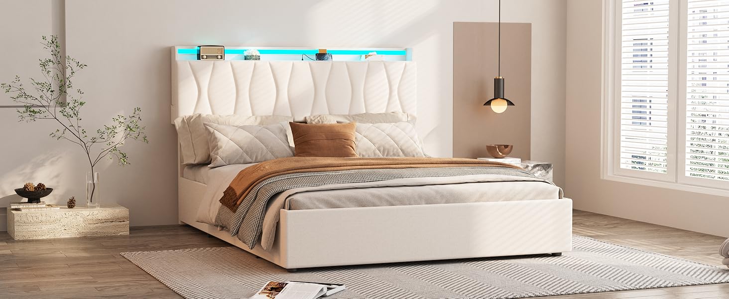Vabches Lift Up Storage Bed Frame with Adjustable Headboard, Charging Station, LED Lights, Wood Slats, Noise-Free, No Box Spring Needed