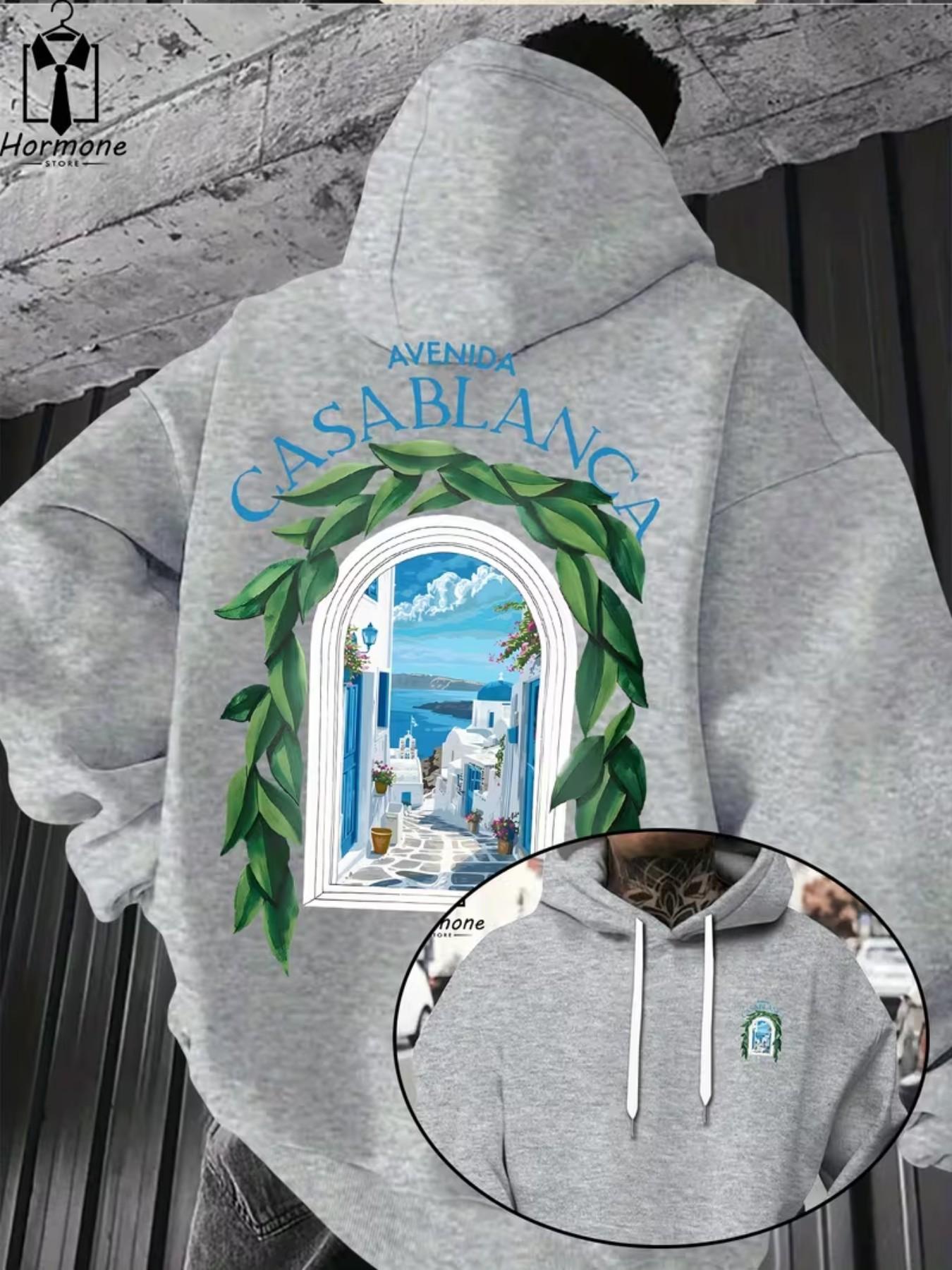 Men's Casual Hooded Sweatshirt, Avenida Casablanca Text & Landscape Print, Spring Fall Warm Pullover, Kangaroo Pocket Design