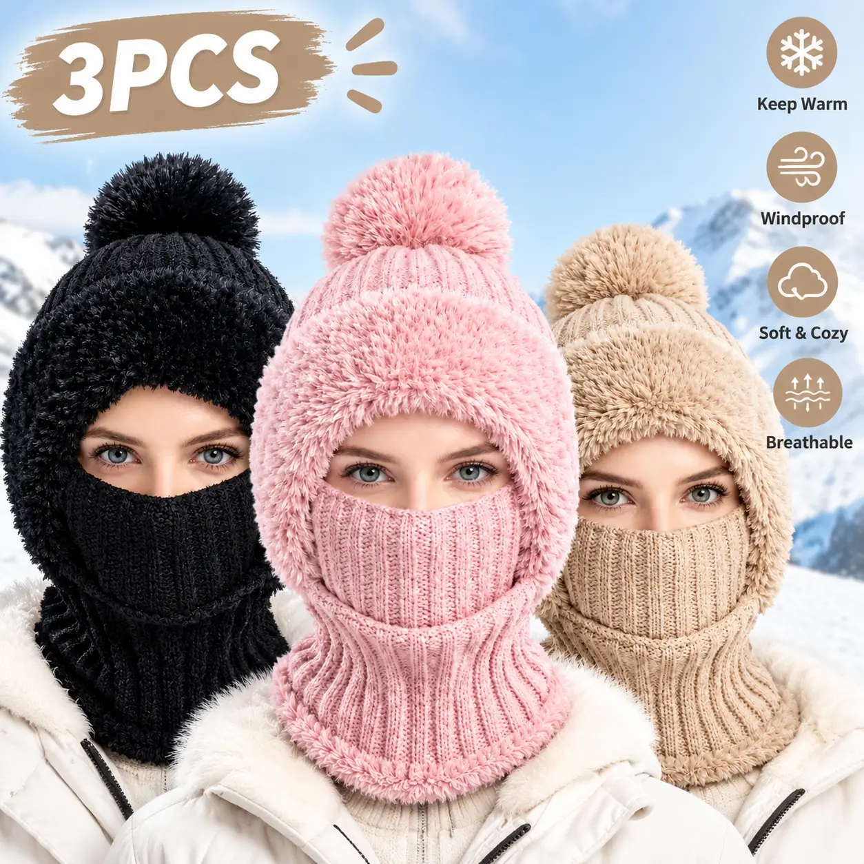 Yulabra Women's 3-in-1 Fleece-Lined Hood+Scarf+Mask Set, Windproof Thermal Balaclava with Ear Flaps for Extra Ear Protection, Comfortable Easy-to-Use Neck Warmer for Skiing, Cycling