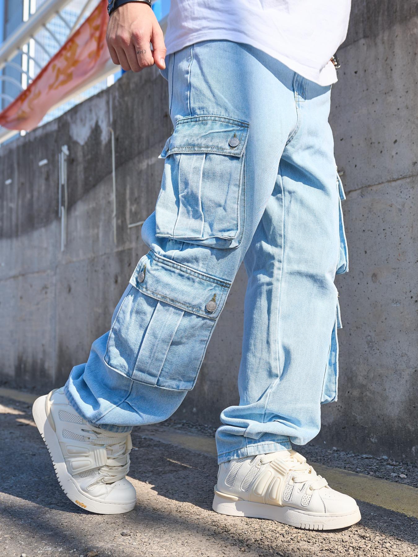 Men's Solid Flap Pocket Cargo Jeans, Loose Casual Street Fashion Denim Pants for Daily Wear, Men's Trousers for All Seasons