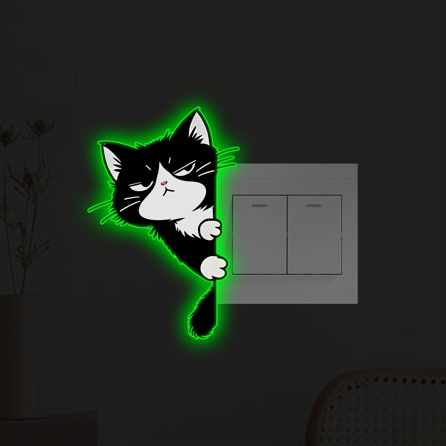2 Pack Glow-In-The-Dark Cat Switch Wall Sticker, Luminous Waterproof Kitty Pattern Decals, Fun Decor for Bedroom & Living Room