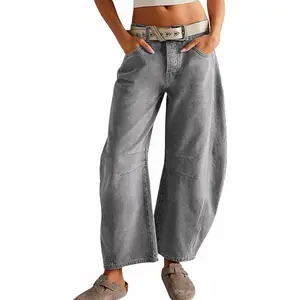 Stretchy Mid Rise Barrel Jeans Vintage Loose Wide Leg Cropped Denim Pants Baggy Boyfriend Jeans