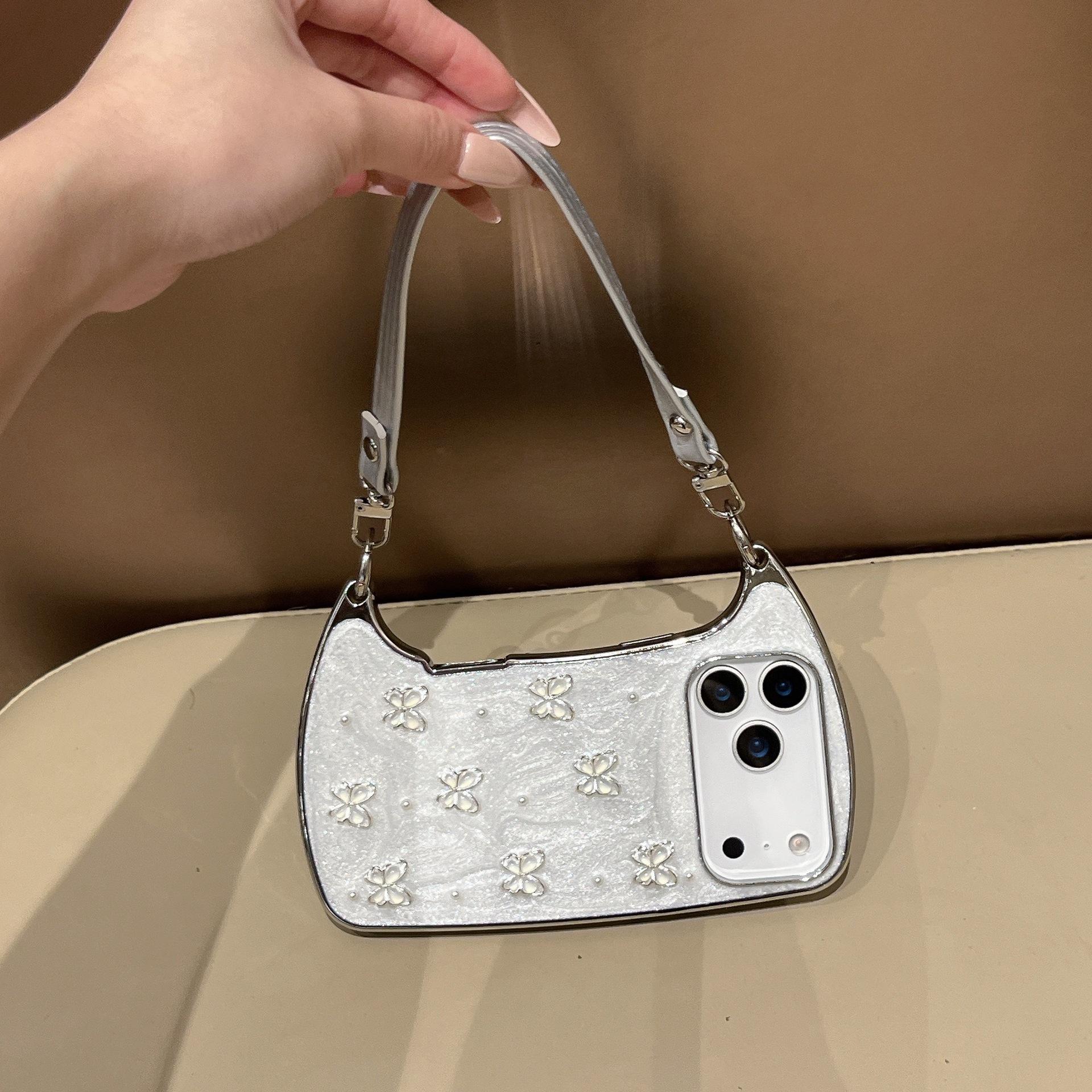 (Case & Nova) Luxury Drip Glaze Mini Handbag-Shape Chrome Case, Electroplated Frame, Pearl Butterfly Decor, Detachable Strap/Wrist Strap, Anti-Drop Shockproof Slim Hard Cover for iPhone 17 Pro Max,16,15,14,13,12,11 Cute Mobile Phone Accessory, Silicone Sh
