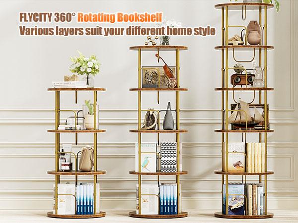 Flycity Rotating Bookshelf 3-5 Tier Spinning Bookshelf Tower 360° Display Unique Round Bookcase for Home Study and Office Organization Furniture Stand Monitor Riser