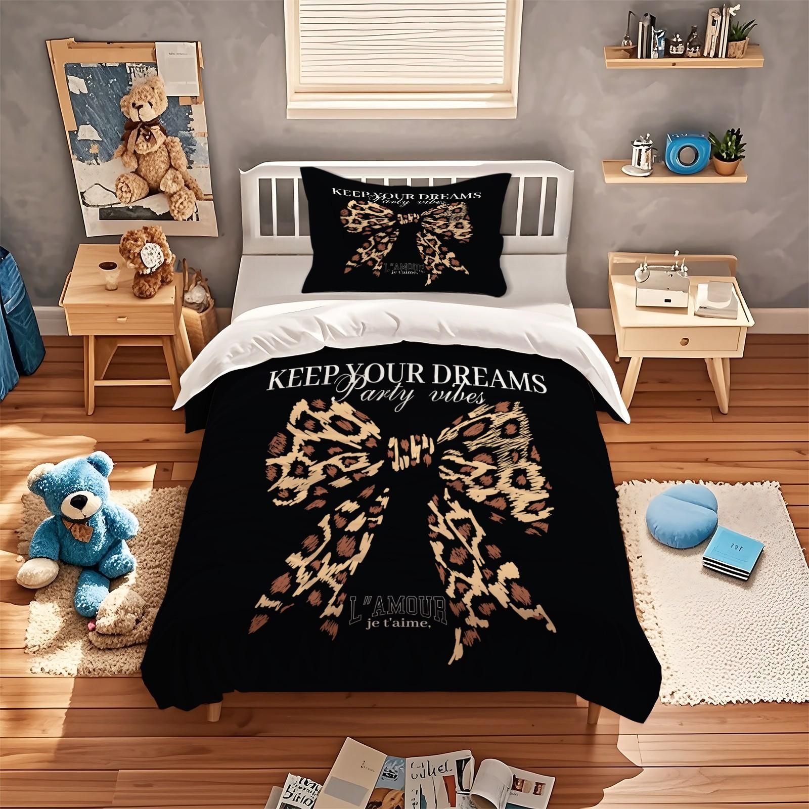 Leopard bow pattern duvet cover set, soft and durable bedding set, contains 1 duvet cover and 1 or 2 pillowcases, daily holiday birthday gift bedroom decoration for children and adults
