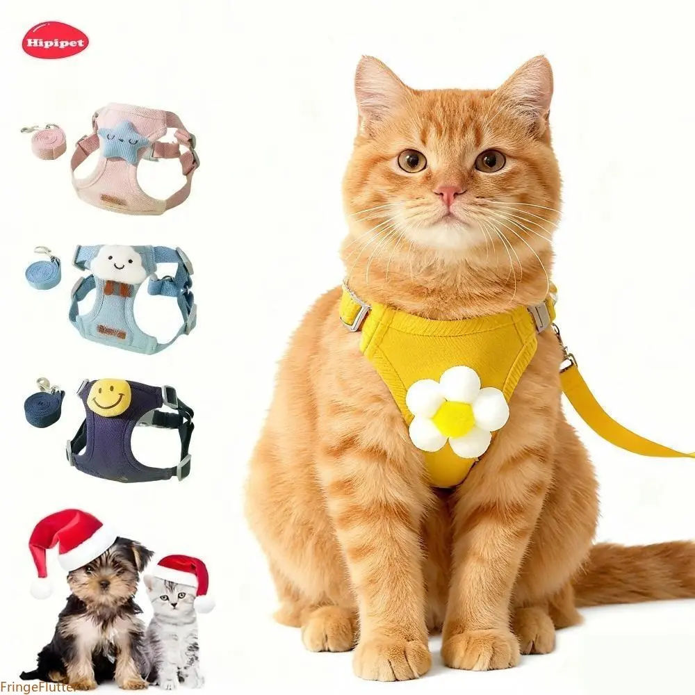 Sporty Flower Design Striped Pet Harness and Leash Kit - Soft Breathable & Comfortable Vest with Inner Drawstring, Sun Protection, Adjustable Straps for Small Dogs/Cats for Brunch Dates, Sightseeing