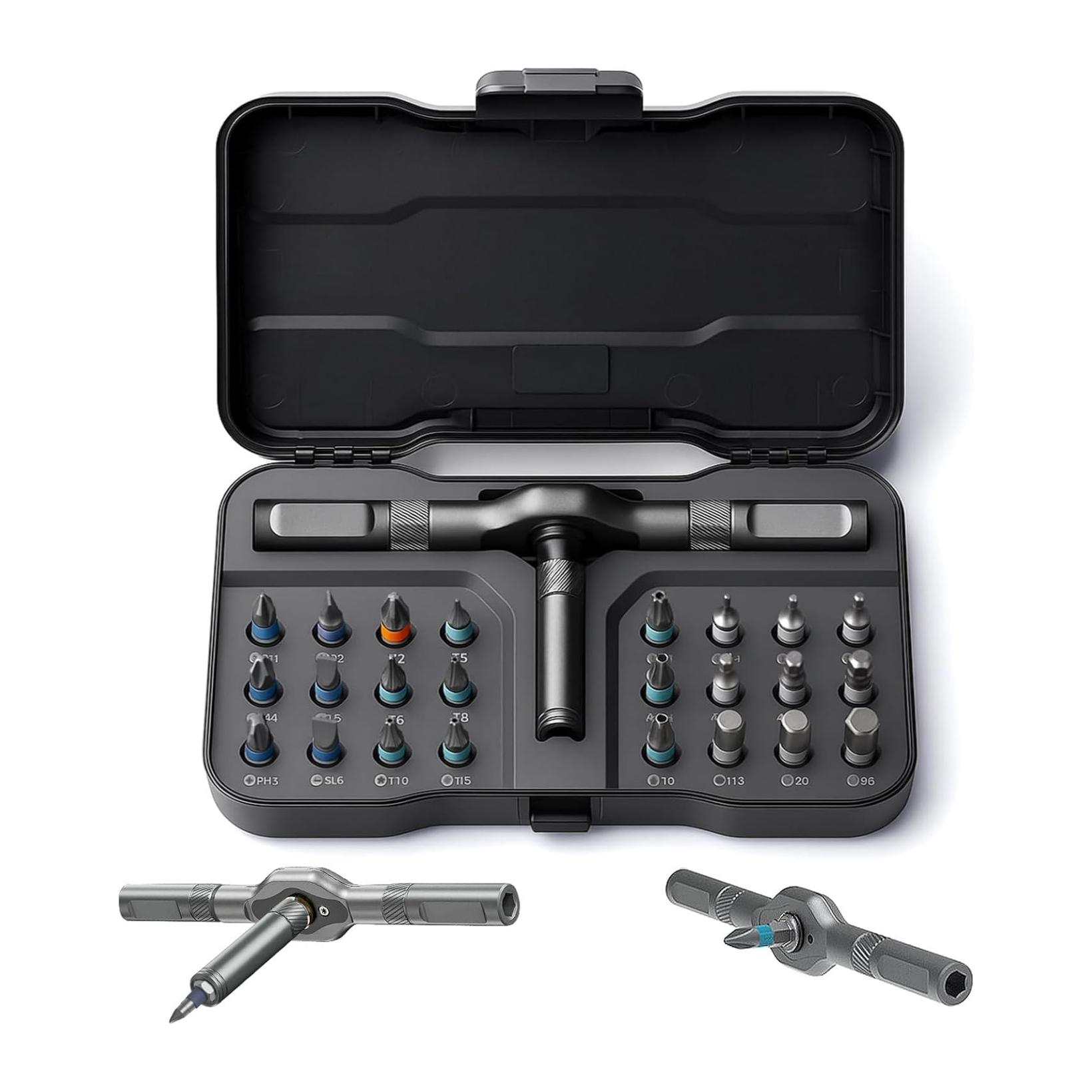 Precision Multipurpose Switchable Screwdriver Set with Large Socket & Precision Bits, 64-In-1 Gearless Ratchet Drill Bit Kit, Flat Handle for High Torque