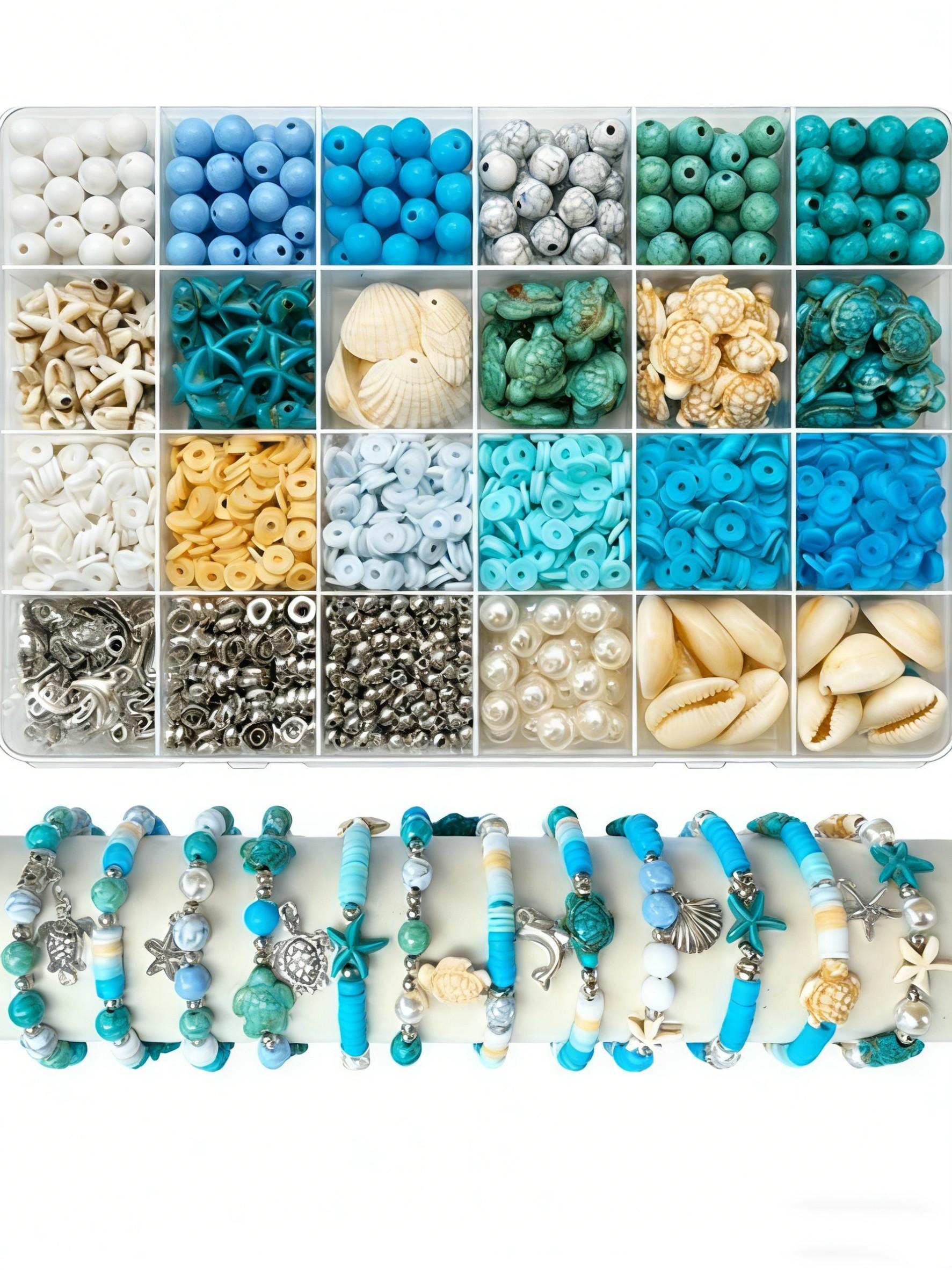24 Grid 1200pcs Ocean Theme Acrylic Bead Set, DIY Jewelry Making Kit, Bracelet Necklace Craft Supplies, Includes Large Storage Box
