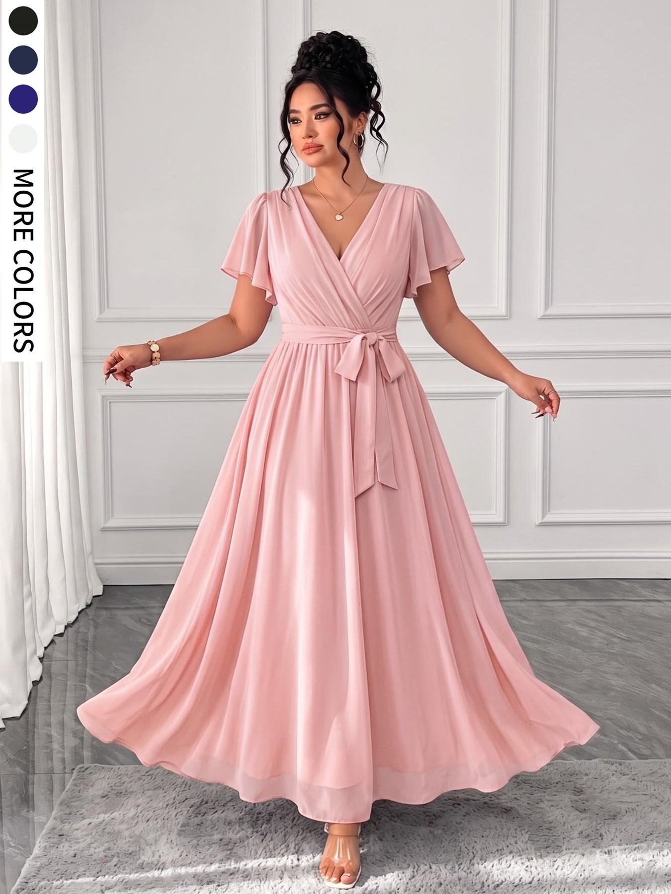 Plus Size Women's Solid A-Line Dress, Ruffle Sleeve Lightweight Flowy, Tie Waist Accentuate Curves, Elegant for Parties, Dates, Weddings, Elegance