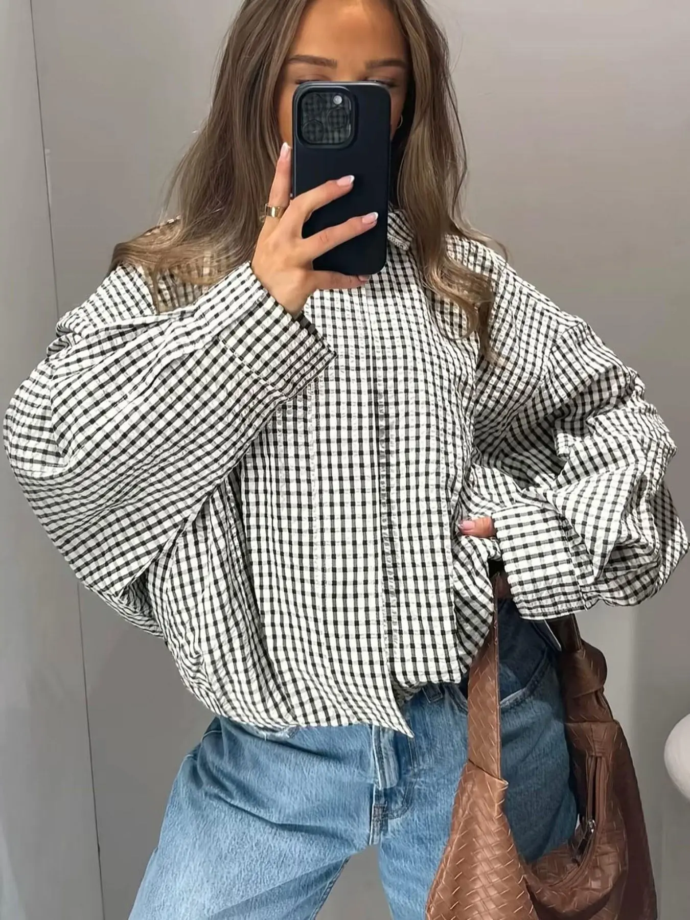 Plaid Oversized Jacket Women's Bomber Jacket Spring Autumn Black & White Check Long Sleeve Top Cropped Stand Collar Zip 2026 New Oversized Fit Side Pockets Daily Wear Street Style Office Casual Top Casual Bomber Jackets