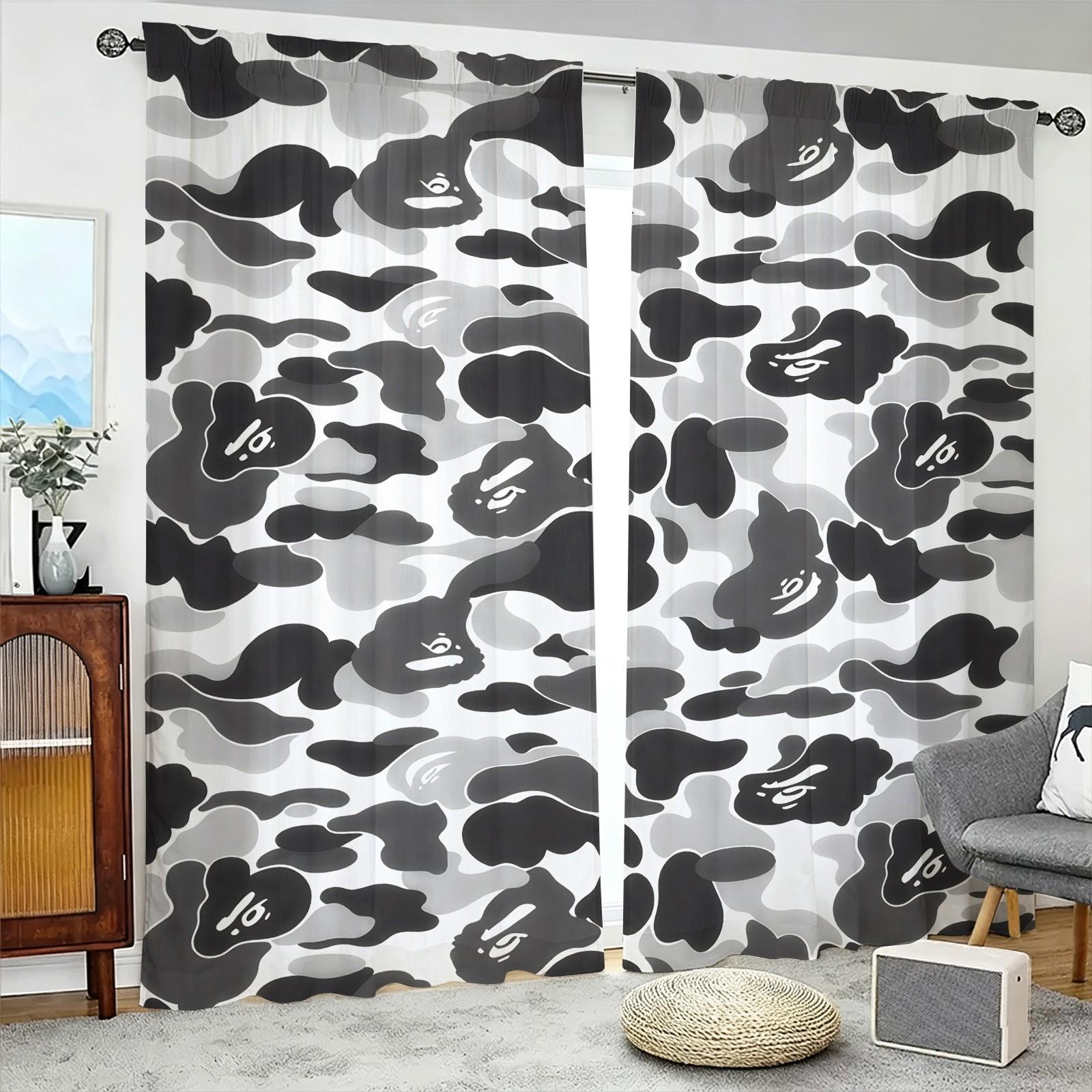 Trendy Black White Camouflage and Animal Silhouettes Curtains Home Decoration Curtain-Two-Piece Rod Pocket Design No Drilling Installation-Privacy Blocking Decorative Drape-Boys Bedroom/Designer Toy Display Room/Gaming Room Decor Window Drapes