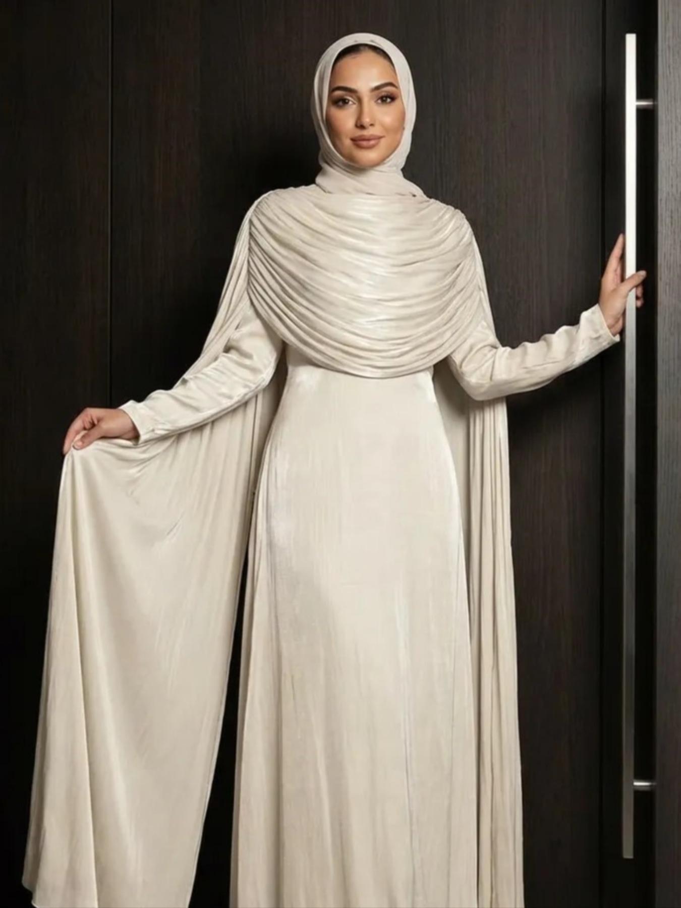 Elegant Pleated Cape Abaya Long Robe, Fashionable Light-Reflective Party Dress, Muslim Evening Dress, Perfect for Gatherings and Ceremonies, Modest Gown for Muslim Women
