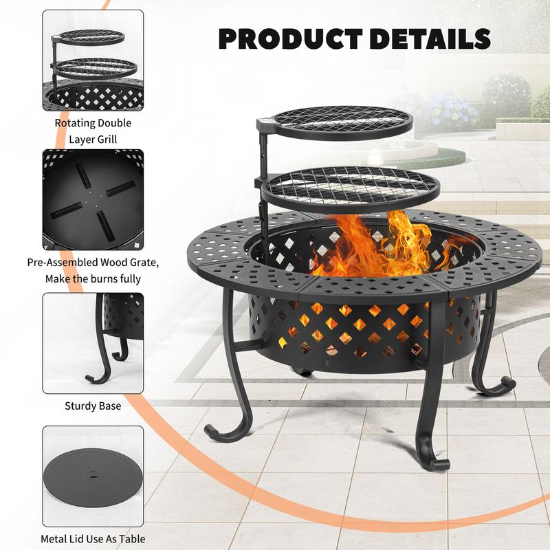 36'' Round Fire Pit - 3-in-1 Wood Burning Fire Pit with Dual Grills, Lid, Poker, - Perfect for Outdoor Patio, Picnic, and Party Gatherings Barbecue Food